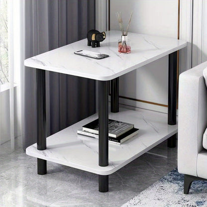 Side Table, Marble Look with 2-Tier Storage Shelf & Sturdy Metal Frame, Space-Saving shown in the main product view