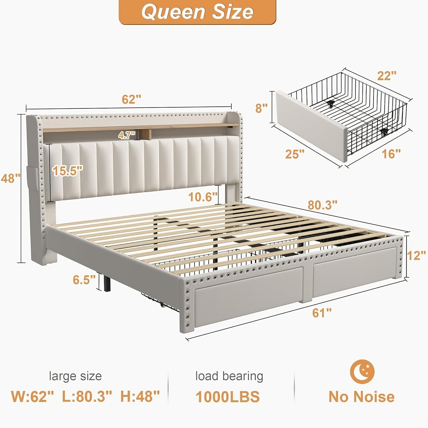 Bed Frame shown in the Beige, Queen option