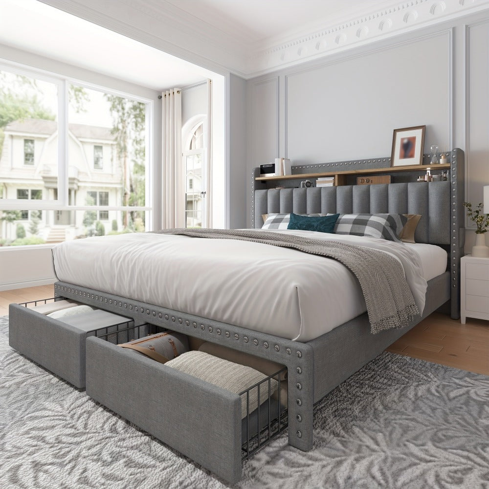 2-Tier Upholstered Bed Frame with Storage Drawers and No Box Spring Needed detail image - detail view 10