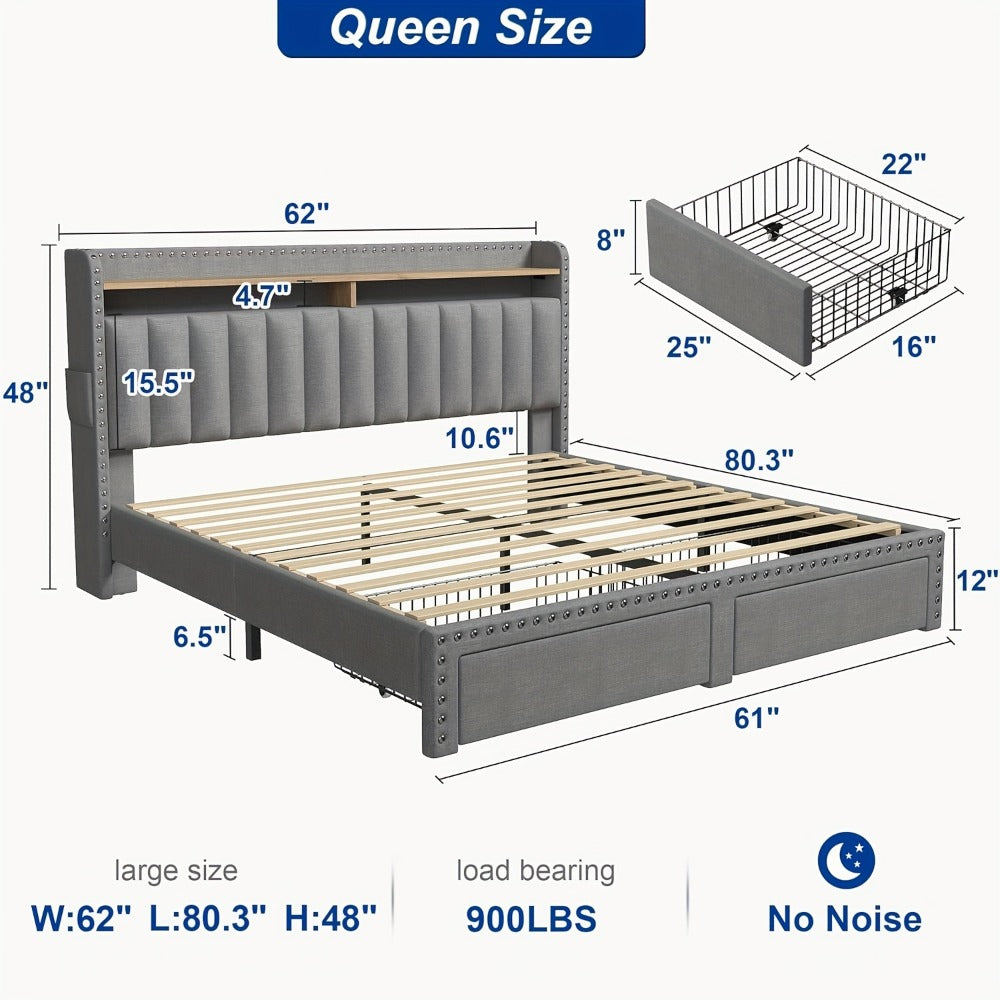 2-Tier Upholstered Bed Frame with Storage Drawers and No Box Spring Needed detail image - detail view 14