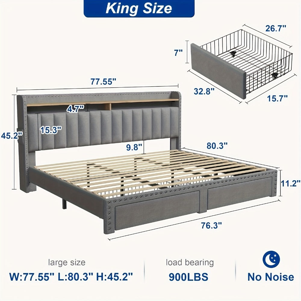 2-Tier Upholstered Bed Frame with Storage Drawers and No Box Spring Needed detail image - detail view 15