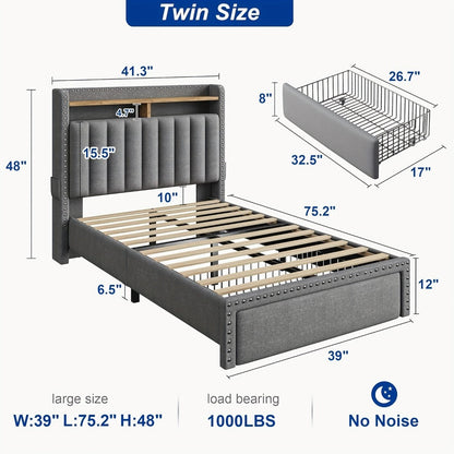 2-Tier Upholstered Bed Frame with Storage Drawers and No Box Spring Needed detail image - detail view 5