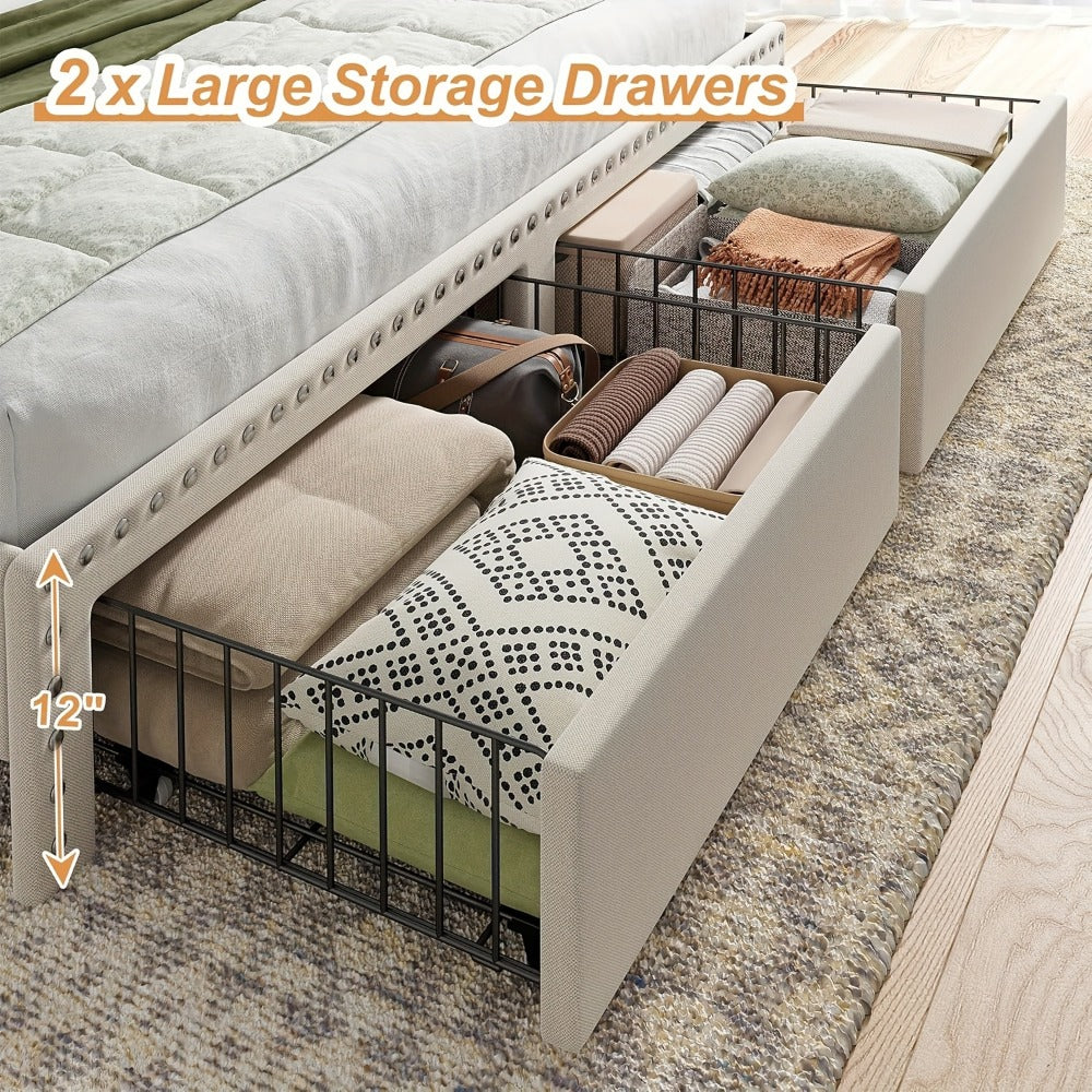 2-Tier Upholstered Bed Frame with Storage Drawers and No Box Spring Needed detail image - detail view 6