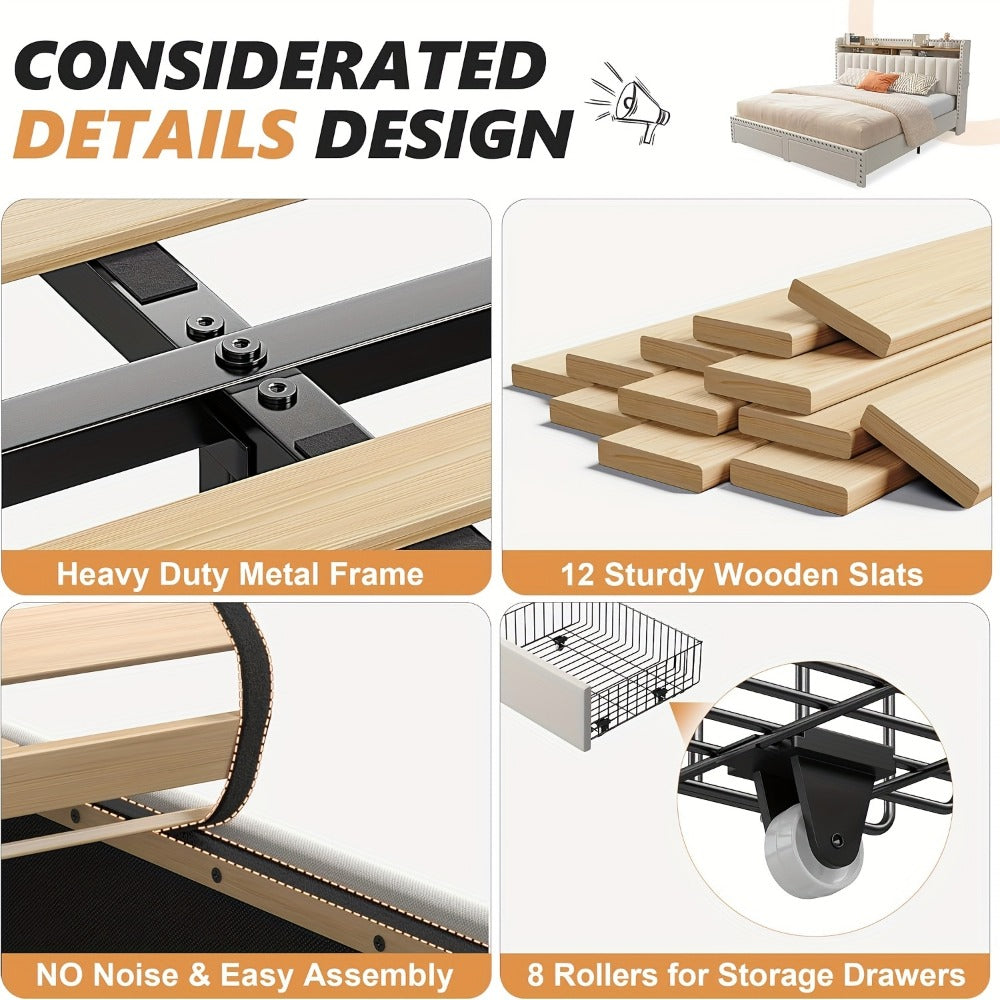 2-Tier Upholstered Bed Frame with Storage Drawers and No Box Spring Needed detail image - detail view 8