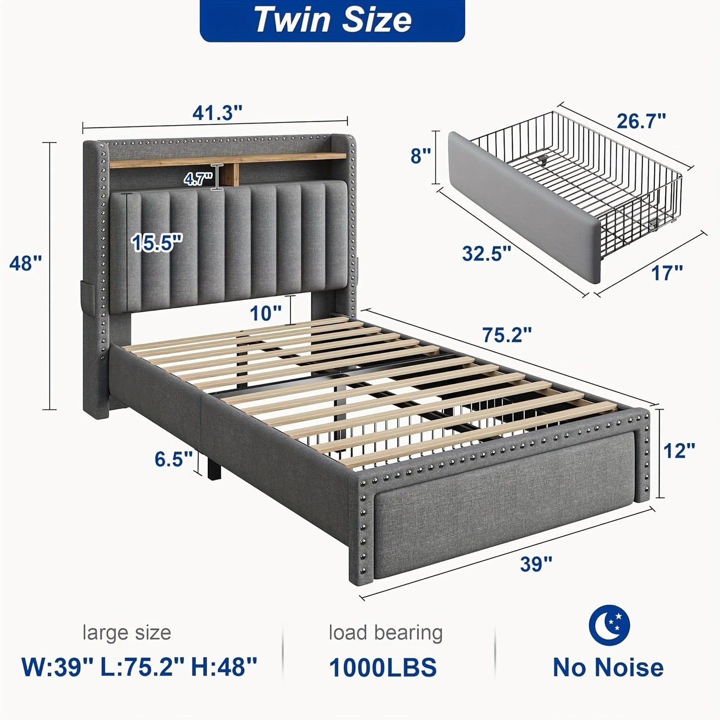 Bed Frame shown in the Grey, Twin option