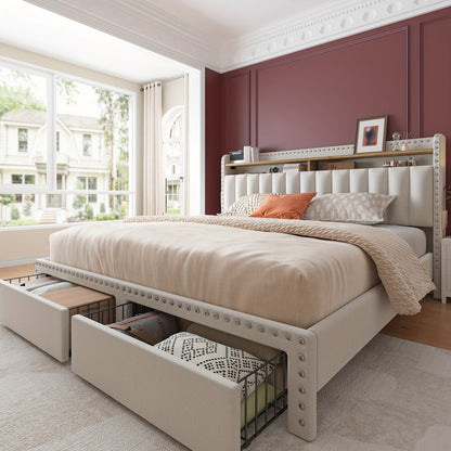 Bed Frame, King Size Upholstered with Storage 2 Drawers 2-Tier Headboard Wood Slats No Box shown in the main product view