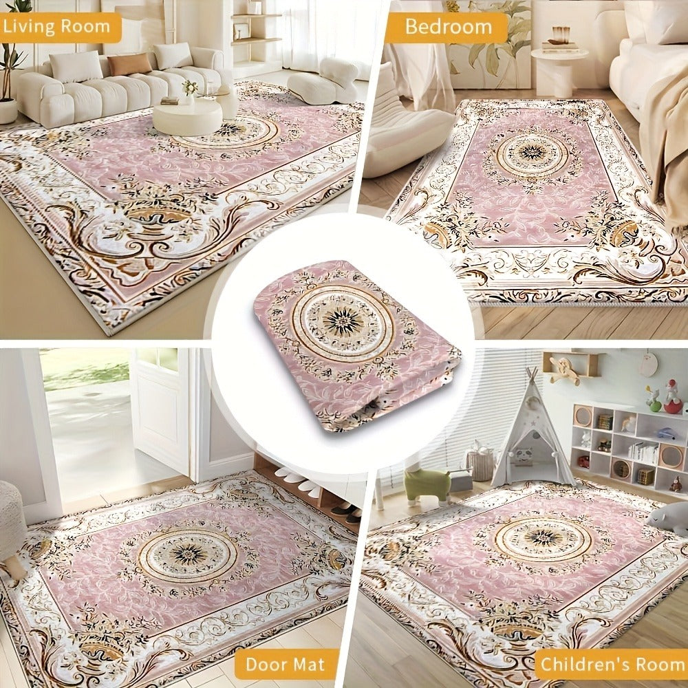 Area Rug 852 GSM Velvet Floral Check Design with Low Pile and Five Machine-Washable Room Sizes
