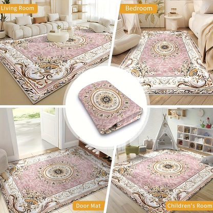 Area Rug 852 GSM Velvet Floral Check Design with Low Pile and Five Machine-Washable Room Sizes