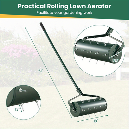 Rotary Lawn Aerator 18" Spike Drum with 27 Galvanized Steel Spikes, Fillable with Sand or Stone, 51" Anti-Slip Handle for Deep Soil Aeration Lawn Garden Yard