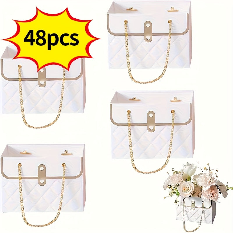 Paper Flower Bouquet Gift Bags with Metal Chain Handles in Black, Pink, White or Mixed Colors, 12–48 Pack Options