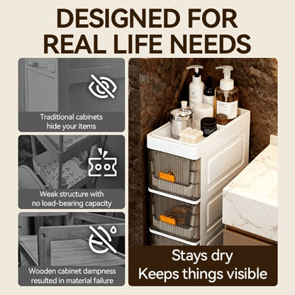 Storage Cabinet Slim PP Drawer Tower with Wheels, Pull-Out Bins and Three, Four or Five Layers