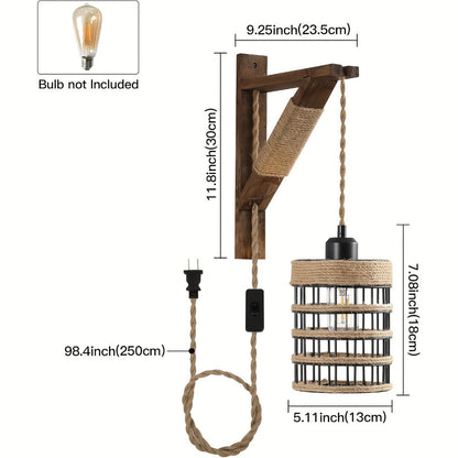 Plug-In Cage Wall Sconce with Wooden Bracket, 250 cm Cord and Single or Two-Piece Farmhouse Options