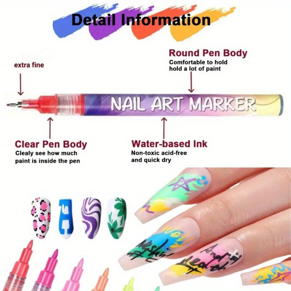 Nail Art Pens 12-Color Water-Based Marker Set with Round Clear Bodies and Extra-Fine Detail Tips