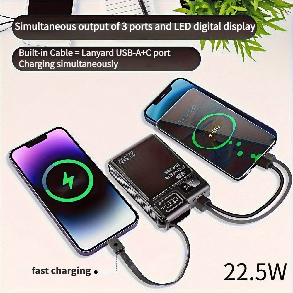 Power Bank 10000mAh 22.5W Fast Charging with Built-in USB-A USB-C Cables – 3 Ports LED Digital Display Portable Charger for iPhone Android Samsung iPad | White Black Green