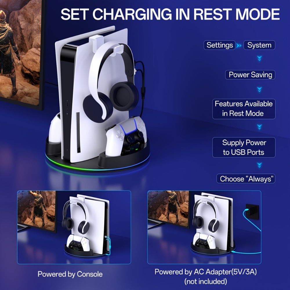 PS5 Charging Station with RGB Light Stand for PS5 Slim PS5 Pro - Fast Dual Controller Charger Compatible with All PlayStation 5 Console Models