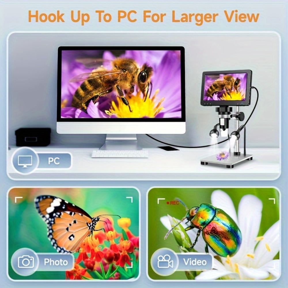 DM9 7-Inch LCD Digital Microscope 1200X 1080P 12MP | 10 Adjustable LED Lights, Super Precise Focus Welding & Coin Microscope for Adults, PC Compatible, STEM Science Gift for Men