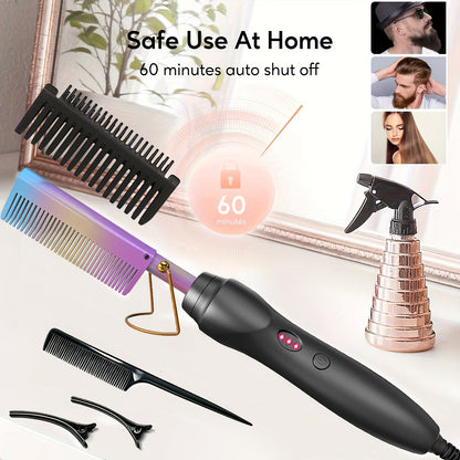 Hot Comb Hair Straightener Electric Ceramic – Portable Anti-Burn Press Comb for Natural Hair & Beard Straightening – Pink, Gold, Black, Gradient, Avocado Green