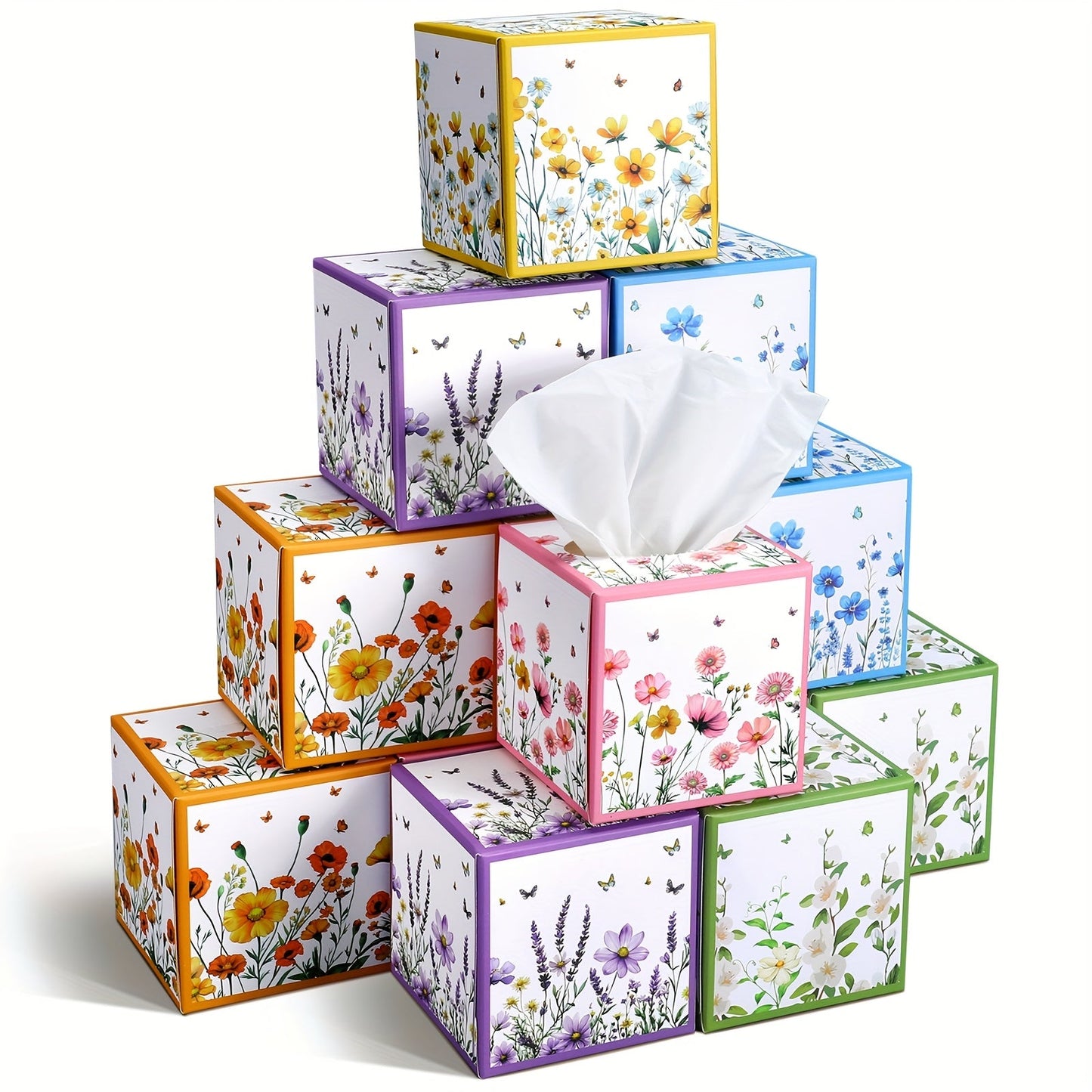 12-Pack Cube Facial Tissue Boxes with 600 Total Three-Ply Sheets and Assorted Floral Designs for Home or Office
