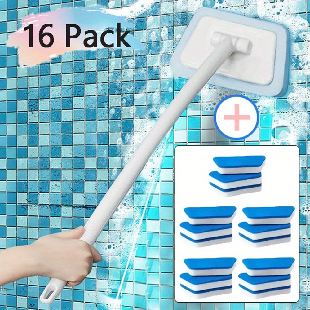Cleaning Brush Set 16pcs All-Purpose Deep Clean System | 2-in-1 Bath Scrubber & Window Squeegee with 22" Extendable Handle | 90° Rotating Head Bathtub Brush Kit for Indoor & Outdoor Surface Cleaning