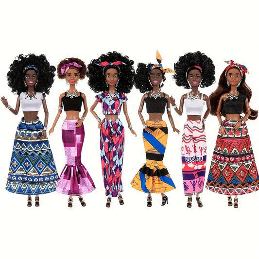 African American Fashion Doll Set 6 Pack 11.5 Inch Bohemian Curly Hair Dolls Removable Boho Outfits Headscarves Silver Necklaces Diverse Gift for Girls Kids Party Favors Birthday Christmas
