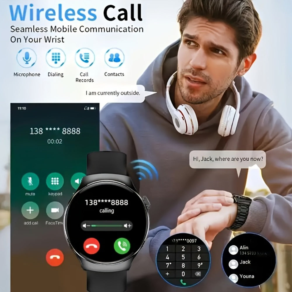 Alarm Smartwatch with Silicone Strap – Wireless Calling, Pedometer, Calorie Tracker, Music Playback, Remote Camera & Multi-Sport Modes – Unisex Men & Women Silver Black
