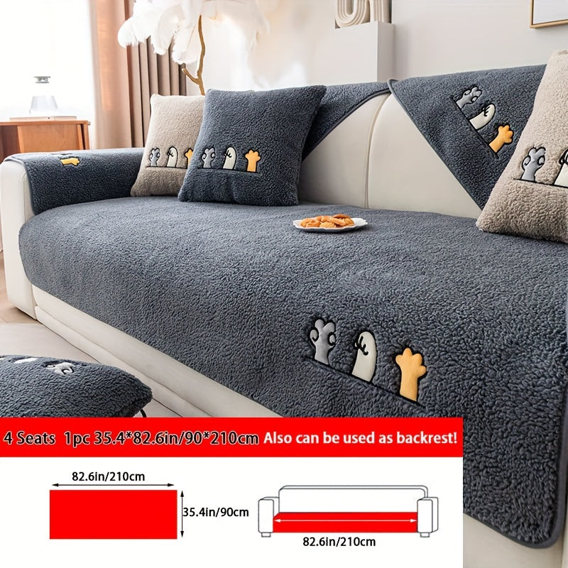 Sofa Cover Thick Plush Shearling Panels with Animal and Bone Embroidery and Non-Slip Feature for 2 to 4 Seats