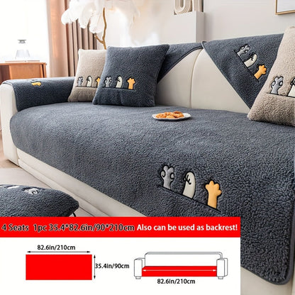 Sofa Cover Thick Plush Shearling Panels with Animal and Bone Embroidery and Non-Slip Feature for 2 to 4 Seats