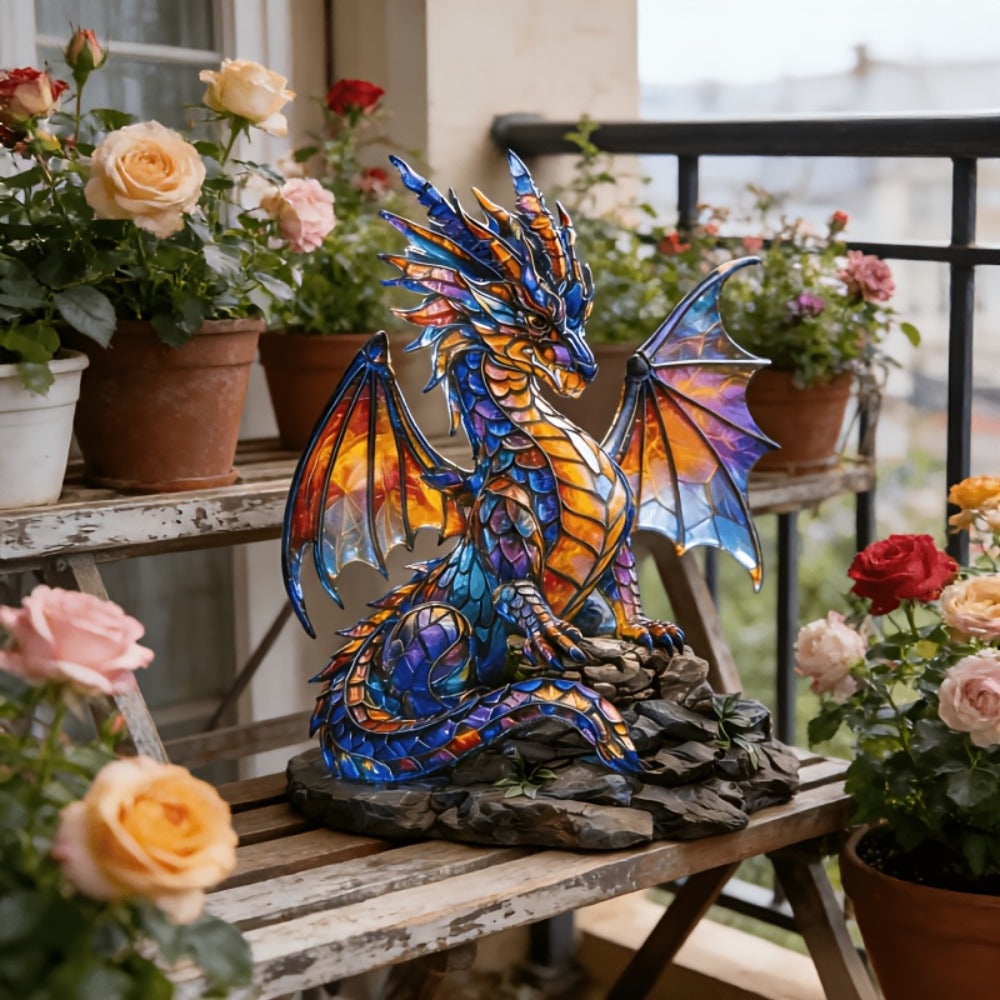 Dragon Sculpture with Light - Faux Stained Glass Resin Statue, Bohemian Accent Lamp, Fantasy Home Decor Figurine, Gothic Dragon Art, Unique Shelf Decor & Collector Gift