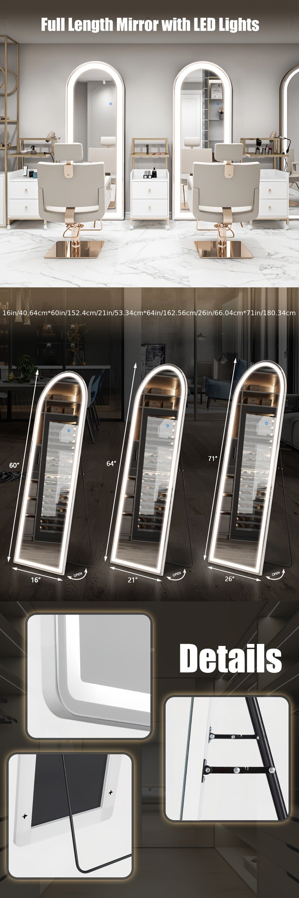 Full Length Mirror Floor Standing with LED Light - Arched & Rect Aluminum Frame Dressing Mirror for Bedroom Living Room, Black/Golden/White