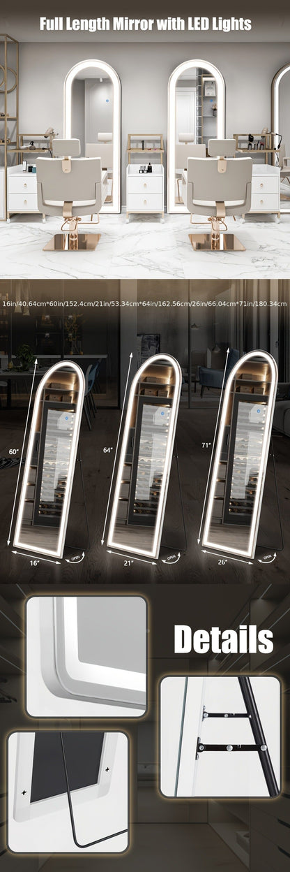 Full Length Mirror Floor Standing with LED Light - Arched & Rect Aluminum Frame Dressing Mirror for Bedroom Living Room, Black/Golden/White
