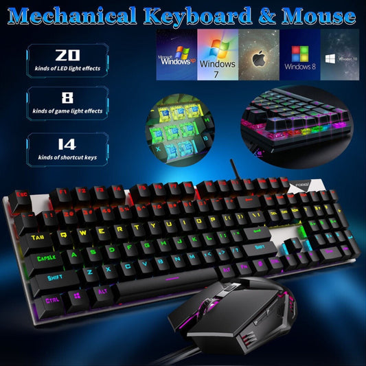 Rainbow RGB Gaming Keyboard and Mouse Combo GT100 – 104 Keys Full-Size Mechanical Cyan Axis Wired Set, Vibrant LED Backlit for PC, Laptop, Mac, Windows & Linux | 50M Keystroke Durability | Black & White