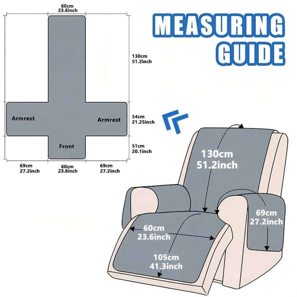 Quilted One-Piece Recliner Chair Cover with Side Pocket, Back Strap and Six Solid Color Options