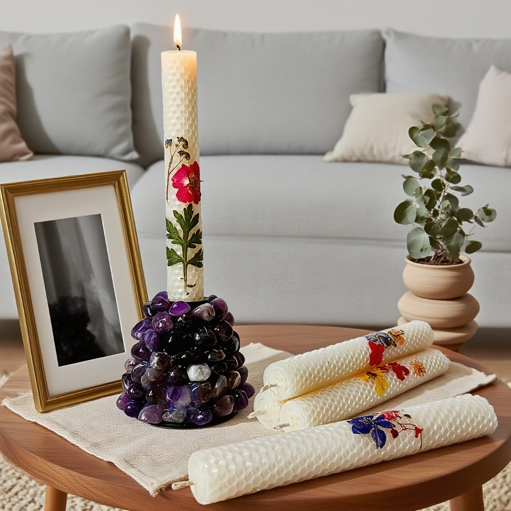 Floral Cone Candle Holders Set of 4 – 10-Inch Decorative Beeswax Taper Candles for Holiday Parties, Valentine's Day & Mother's Day Gifting