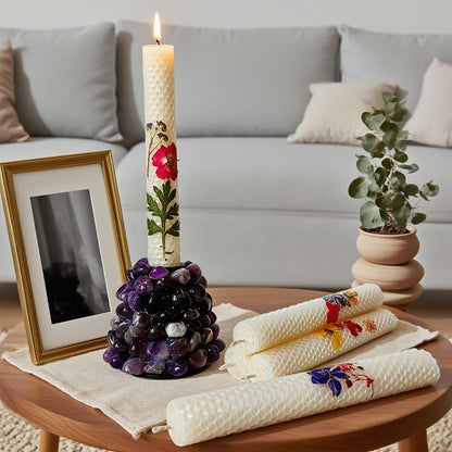 Floral Cone Candle Holders Set of 4 – 10-Inch Decorative Beeswax Taper Candles for Holiday Parties, Valentine's Day & Mother's Day Gifting