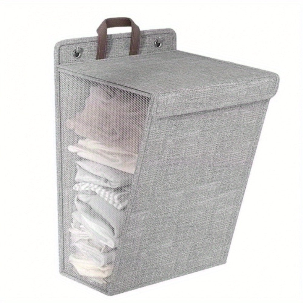 Large Gray Wall-Mounted Foldable Laundry Hamper with Lid for Bedrooms, Bathrooms and Living Rooms