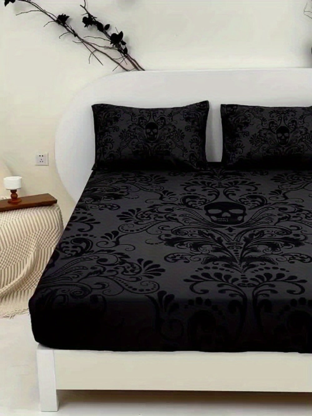 Gothic Skull Fitted Sheet Set 3-Piece – Victorian Baroque Halloween Bedding | 1 Deep Pocket Fitted Sheet + 2 Pillowcases | Machine Washable Hypoallergenic Polyester | Twin Full Queen King