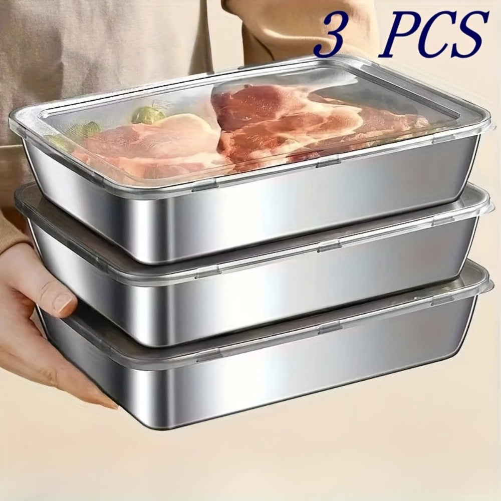 Food Storage Containers Stainless Steel Stackable Set with Lids in Three- or Nine-Box Configurations