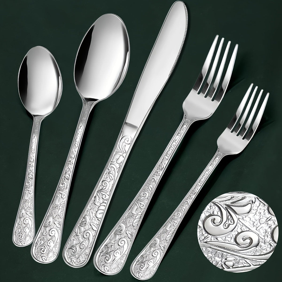 Flatware Set Stainless Steel Vintage Carved Cutlery Set Knife Fork Spoon for Family Gatherings Holiday Parties Kitchen Decor