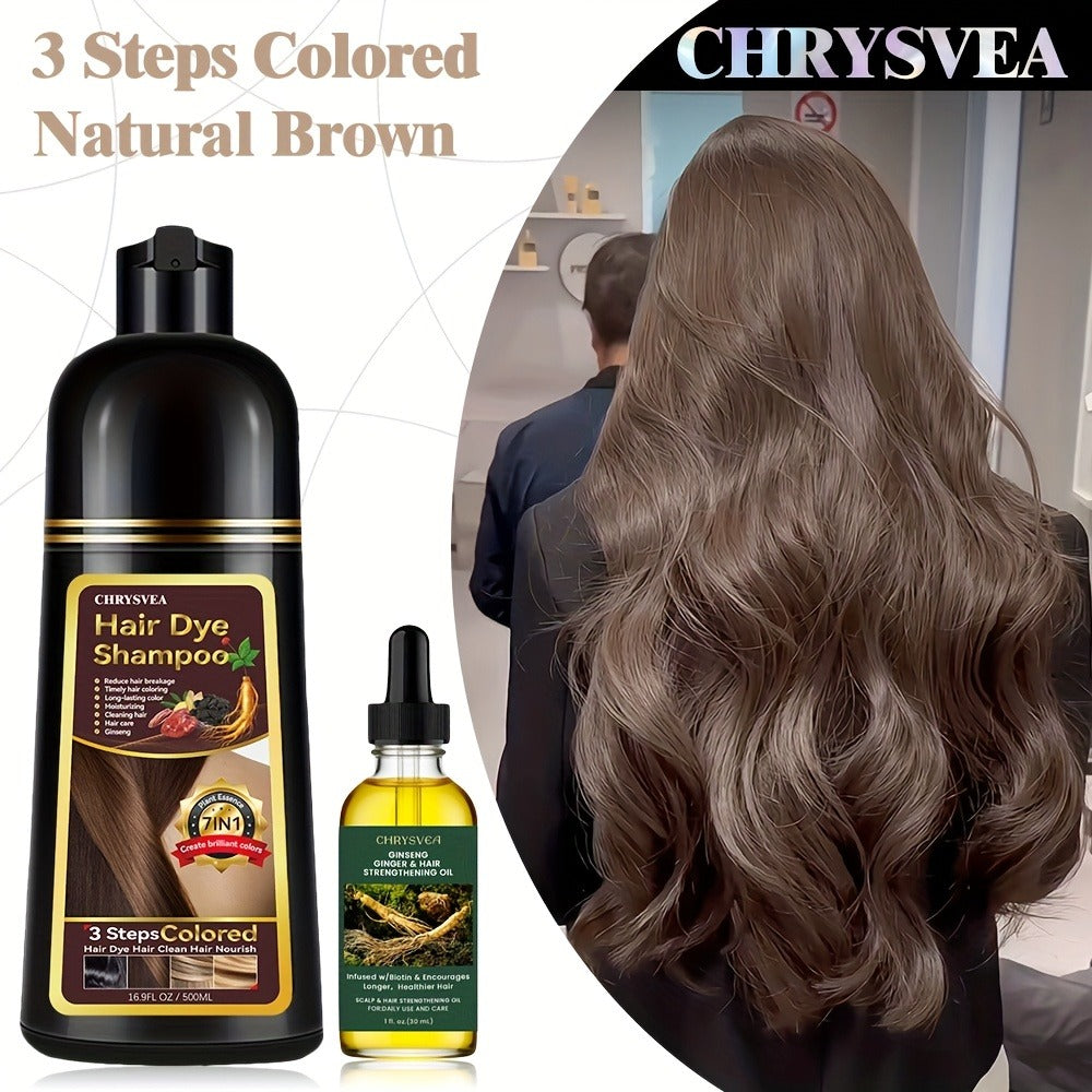 Hair Dye Shampoo, CHRYSVEA 500ml Bottle with 30ml Hair Oil and Nine Shade Options Set for At-Home Color Selection