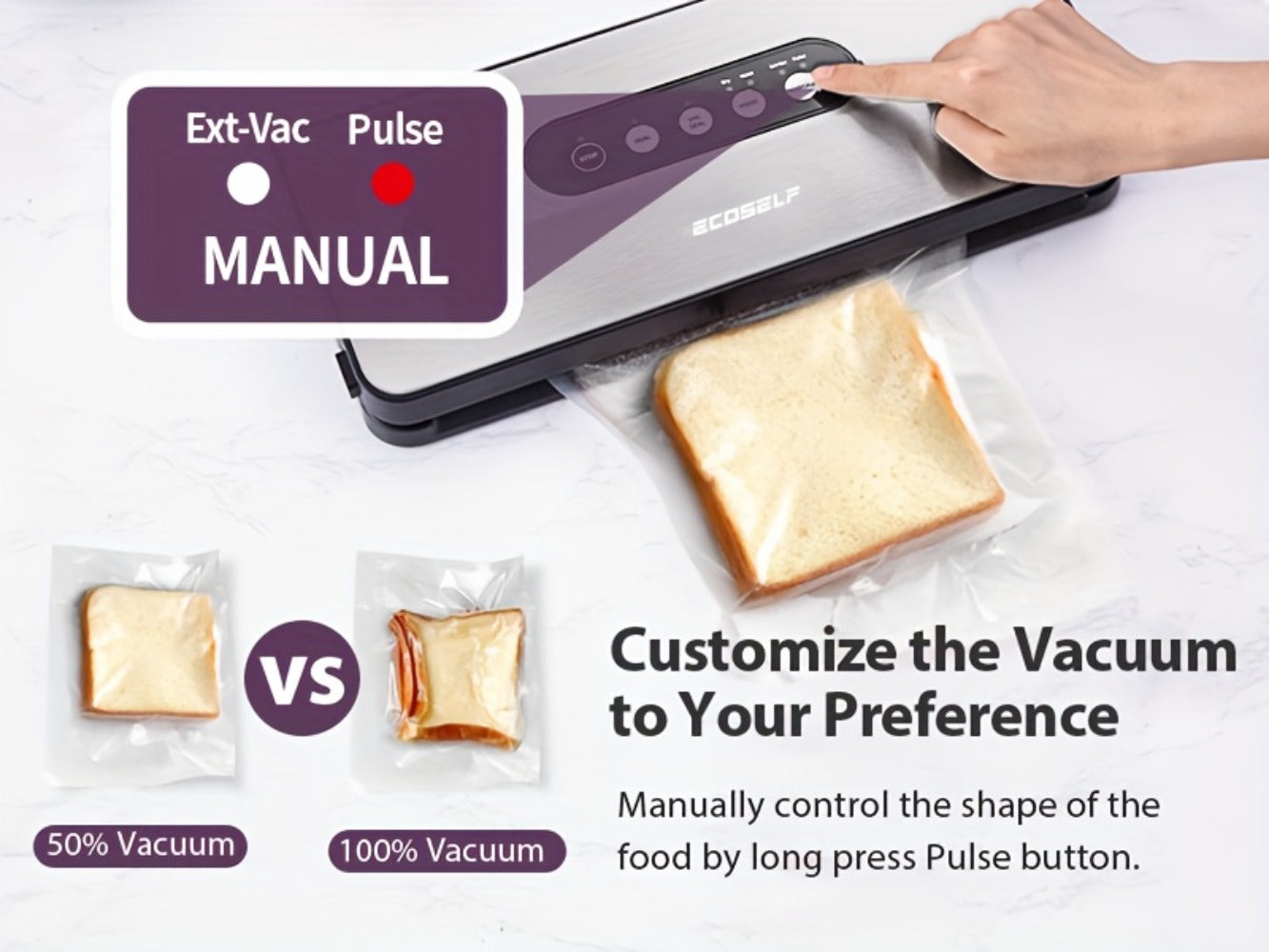 SJ2090 65KPa Vacuum Sealer with Dry, Moist, Pulse and Canister Modes, Cutter, Hose and 10 Bags