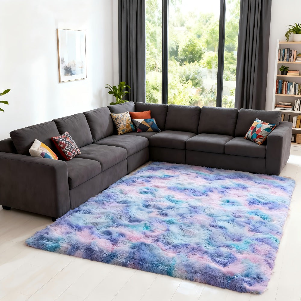 Area Rug Rainbow Purple Tie-Dye Shag in Three Machine-Washable Sizes for Bedroom or Living Room