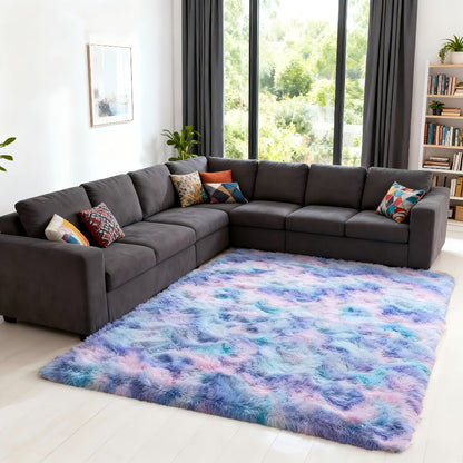 Area Rug Rainbow Purple Tie-Dye Shag in Three Machine-Washable Sizes for Bedroom or Living Room