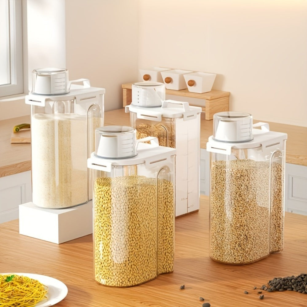 Four-Piece Transparent Grain Storage Container Set with Flip-Top Lids and Pouring Ports for Dry Goods