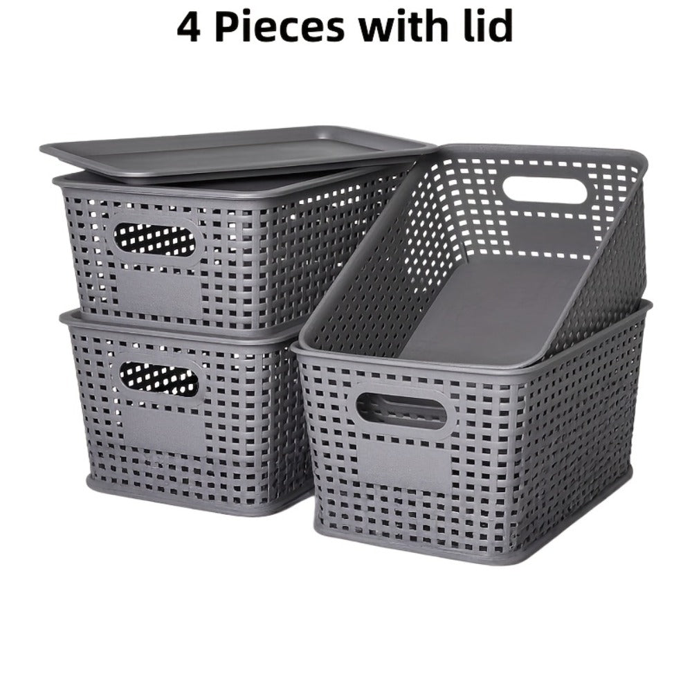 Storage Organizer Bins with Lids 4/8 Pack | Space-Saving Stackable Boxes 10"x7"x4" for Shelves, Closet & Desk - Declutter Bins for Dorm, Playroom & Office with File Organizer Bag, White Black Gray Red