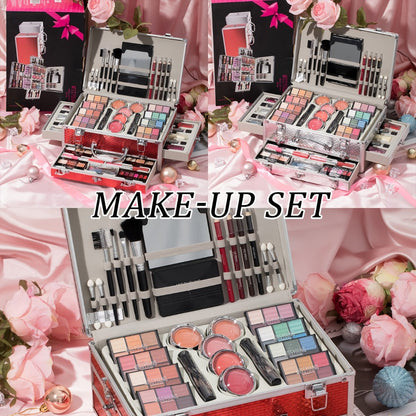 106-Piece Makeup Case Set with Red or Silver Carry Case, Fold-Out Color Palettes, Lip Products and Ten Makeup Brushes