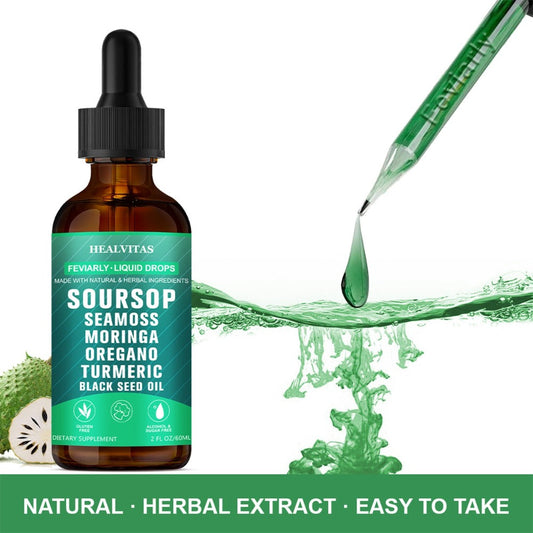 Soursop Bitters Liquid Supplement 2oz 10-in-1 with Seaweed Moringa Turmeric Black Seed Oil & Oregano Herbal Extracts — Highly Absorbable Digestive Gut & Intestinal Health Support for Women & Men
