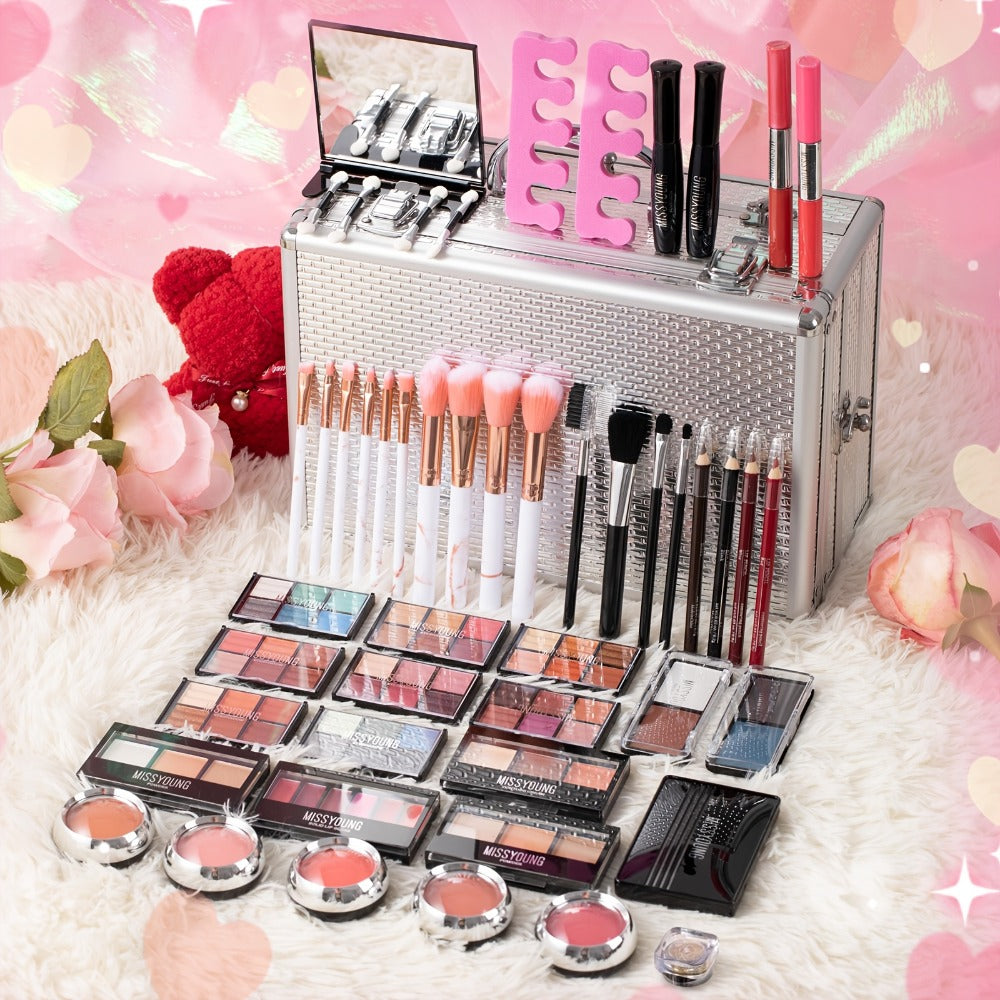 106-Piece Makeup Case Set with Red or Silver Carry Case, Fold-Out Color Palettes, Lip Products and Ten Makeup Brushes