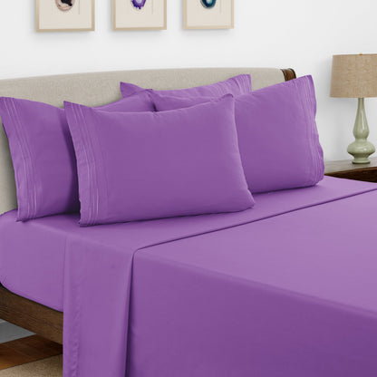 Bed Sheet Set Brushed Microfiber with Embroidered Pillowcases, 16-Inch Pocket and 4- or 6-Piece Sizing