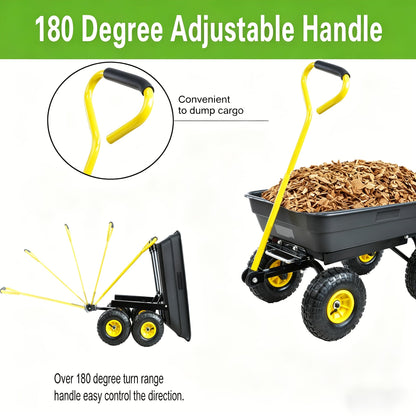 Garden Dump Cart 4-Wheel Heavy Duty Steel Frame Rust-Resistant Poly Bed Quick-Release Dump Feature Foldable D-Handle All-Terrain Yard Wagon for Landscaping Lawn