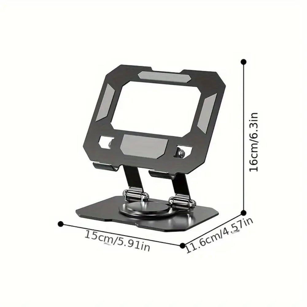 Black Rotating Metal Tablet Stand with Folding Desktop Base, 15 × 11.6 × 16 cm Label and Adjustable Viewing Angle
